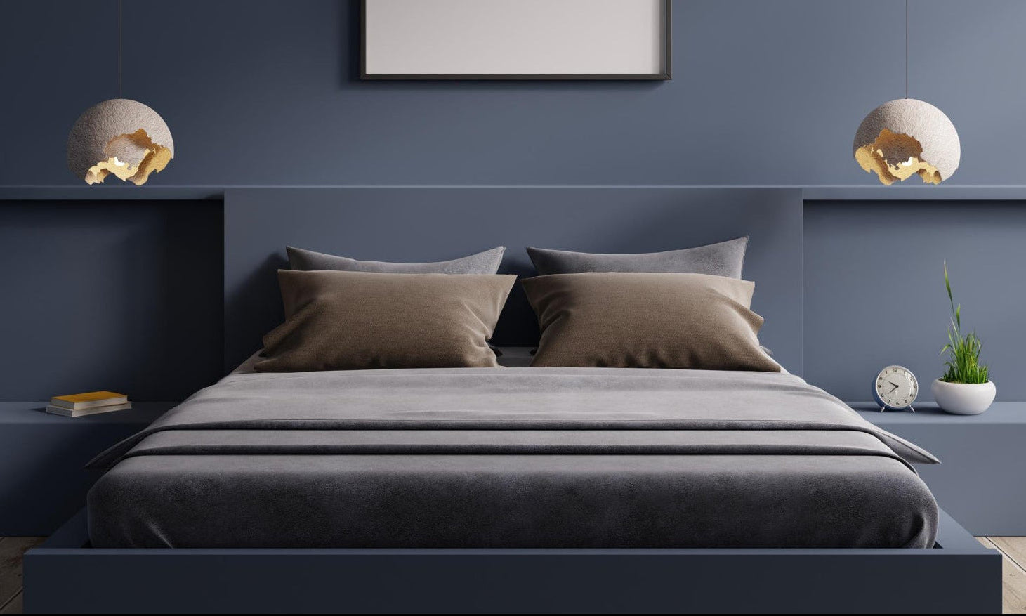 Modern bedroom with a bed, wall art, and decorative items.