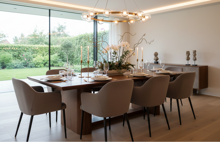 Modern dining room with a long wooden table and chairs, featuring a chandelier and large windows.