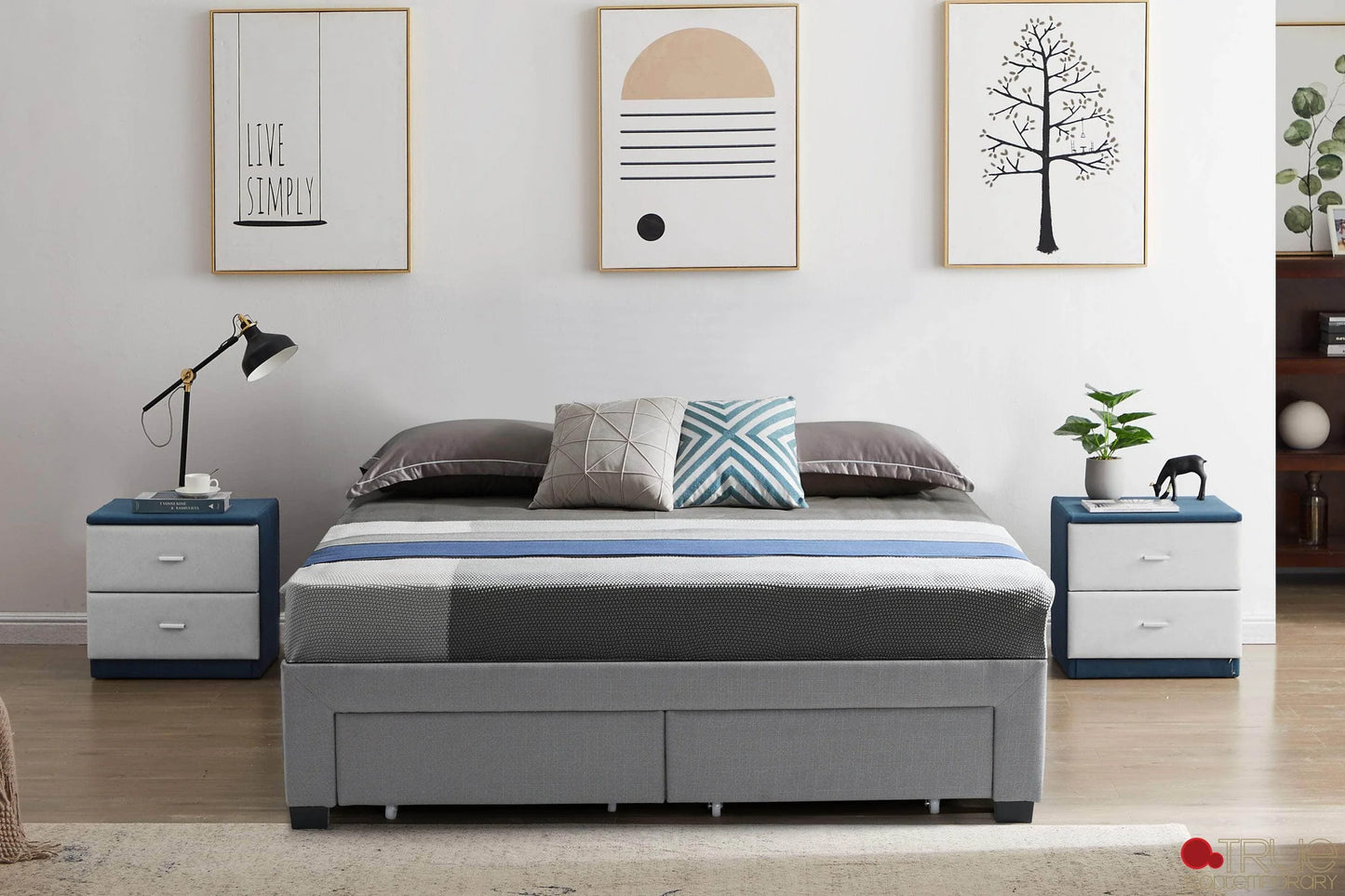 EZ Base Foundation Grey Platform Bed with 2 Storage Drawers King Size